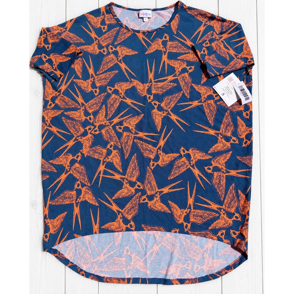 LuLaRoe Irma Tunic Top Bird Swallow Print Blue Orange Hi-Low Short Sleeve Small